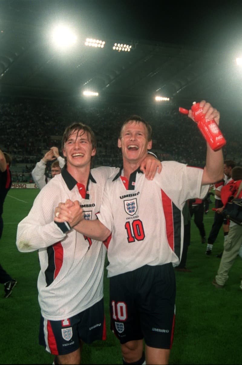 Celebrating with Teddy Sheringham after a successful World Cup qualifier against Italy in October 1997 ensured progress to France '98