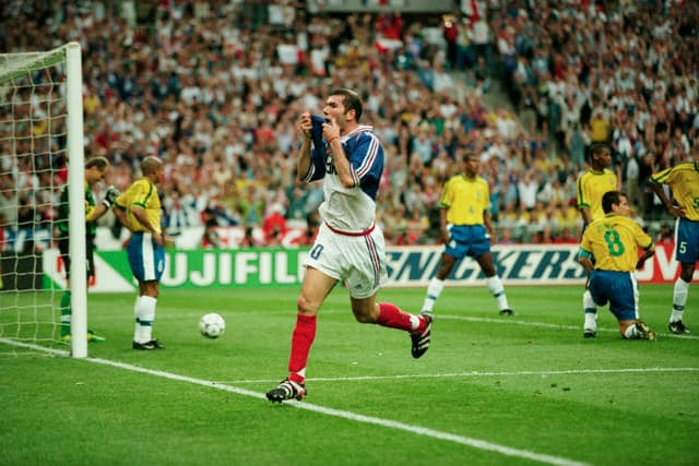 France's Zinedine Zidane celebrates scoring the second goal of the 1998 FIFA World Cup final against Brazil. France won 3-0.