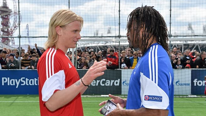 Simone Farina and Christian Karembeu after the Ultimate Champions Match at the Champions Festival in Stratford
