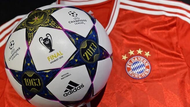 The FC Bayern München team jersey with the official adidas match ball ahead of the UEFA Champions League final