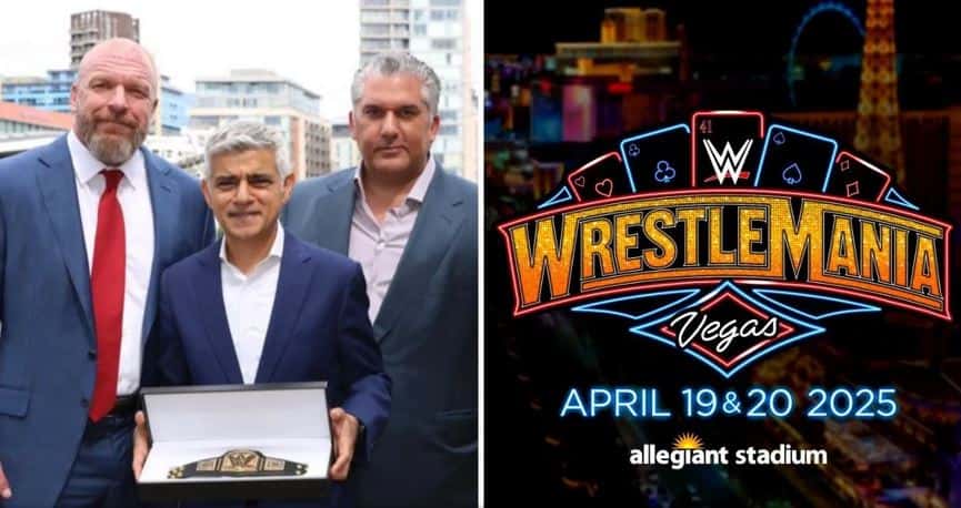 صادق خان، شهردار لندن در کنار تریپل اچ و نیک خان، مسئولین کمپانی کشتی کج WWE
