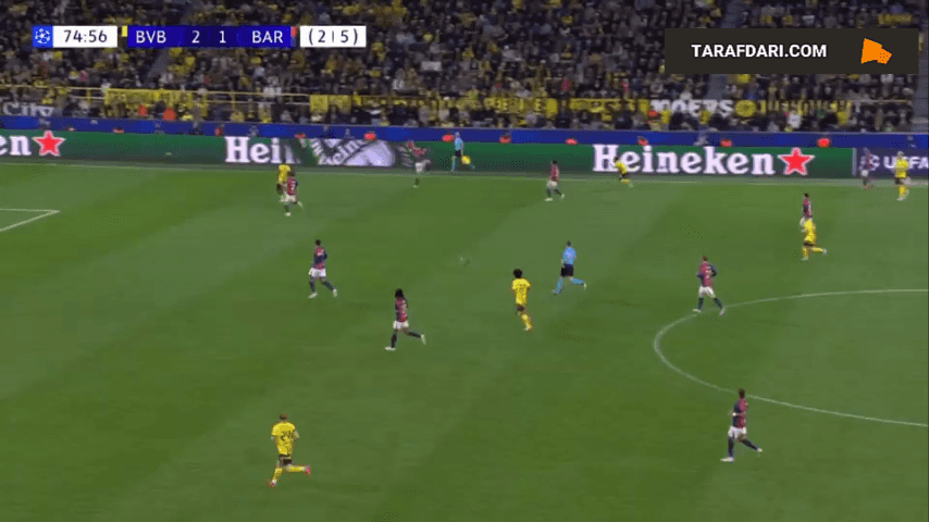 هتتریک سرو گیراسی مقابل بارسلونا روی دفع ناقص رونالد آرائوخو (دورتموند 3-1 بارسلونا)