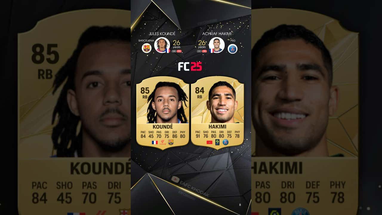 اشرف حکیمی - ژول کونده - ریتینگ - FIFA-18 - FIFA-25 - FC-24 - FC-25 - مدافع-راست - مقایسه-بازیکنان - امتیاز-بازیکنان