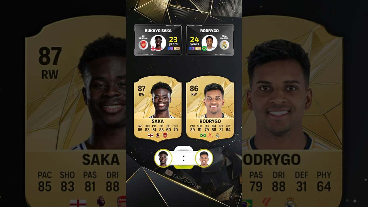 ساکا EA FC 25 - رودریگو EA FC 25 - مقایسه ریت بازیکنان FIFA - فیفا ریتینگ 2025 - ساکا vs رودریگو - ساکا FIFA - رودریگو FIFA - پیشبینی ریتینگ EA FC