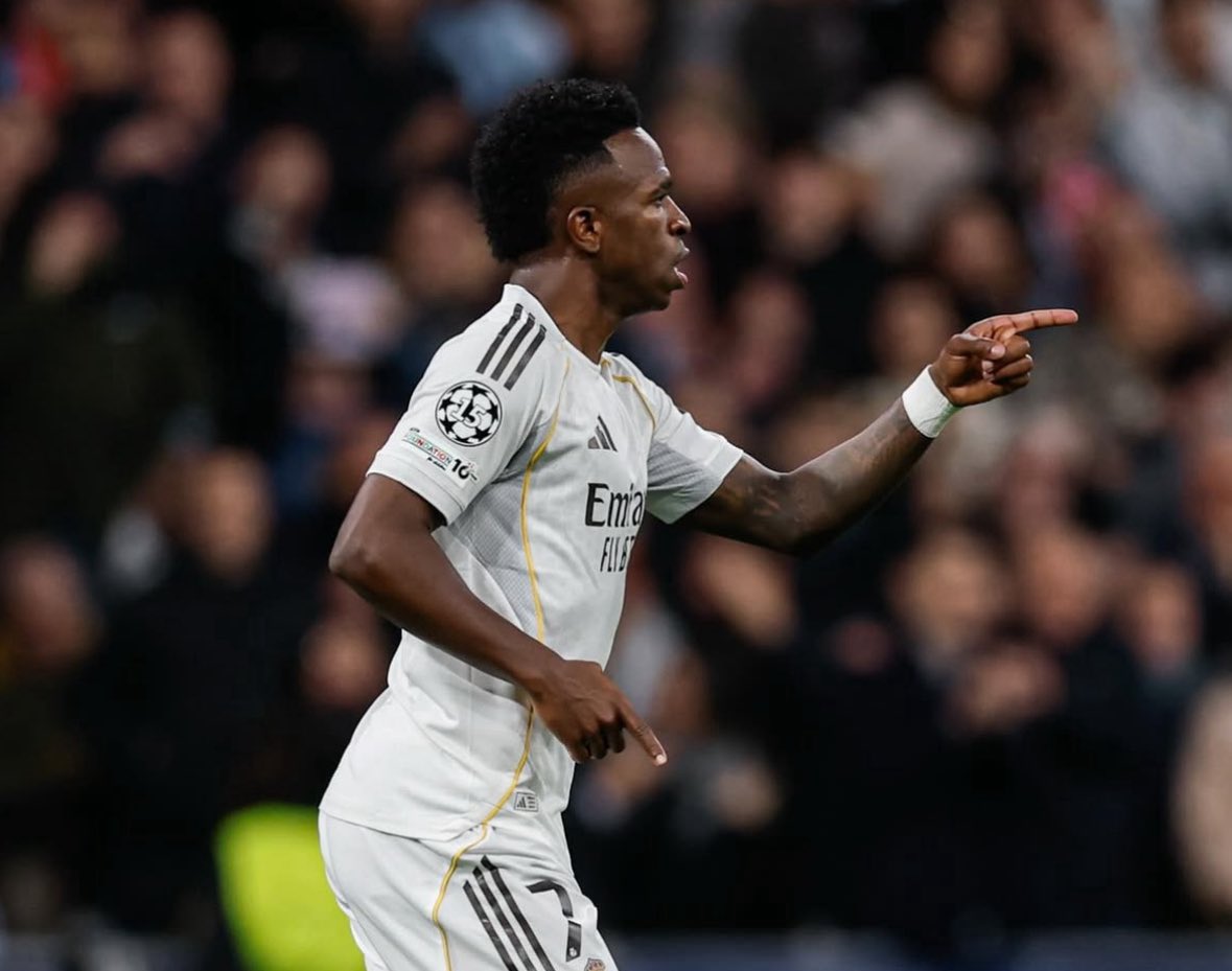 وینیسیوس جونیور پس از گلزنی مقابل موناکو در لیگ قهرمانان اروپا - وینگر برزیلی رئال مادرید