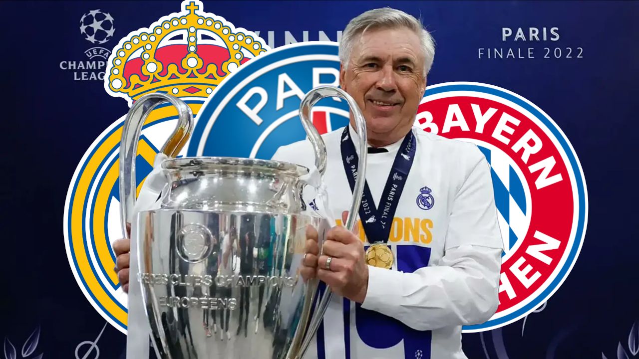 کارلو آنچلوتی در کنار کاپ لیگ قهرمانان اروپا در فینال ۲۰۲۲