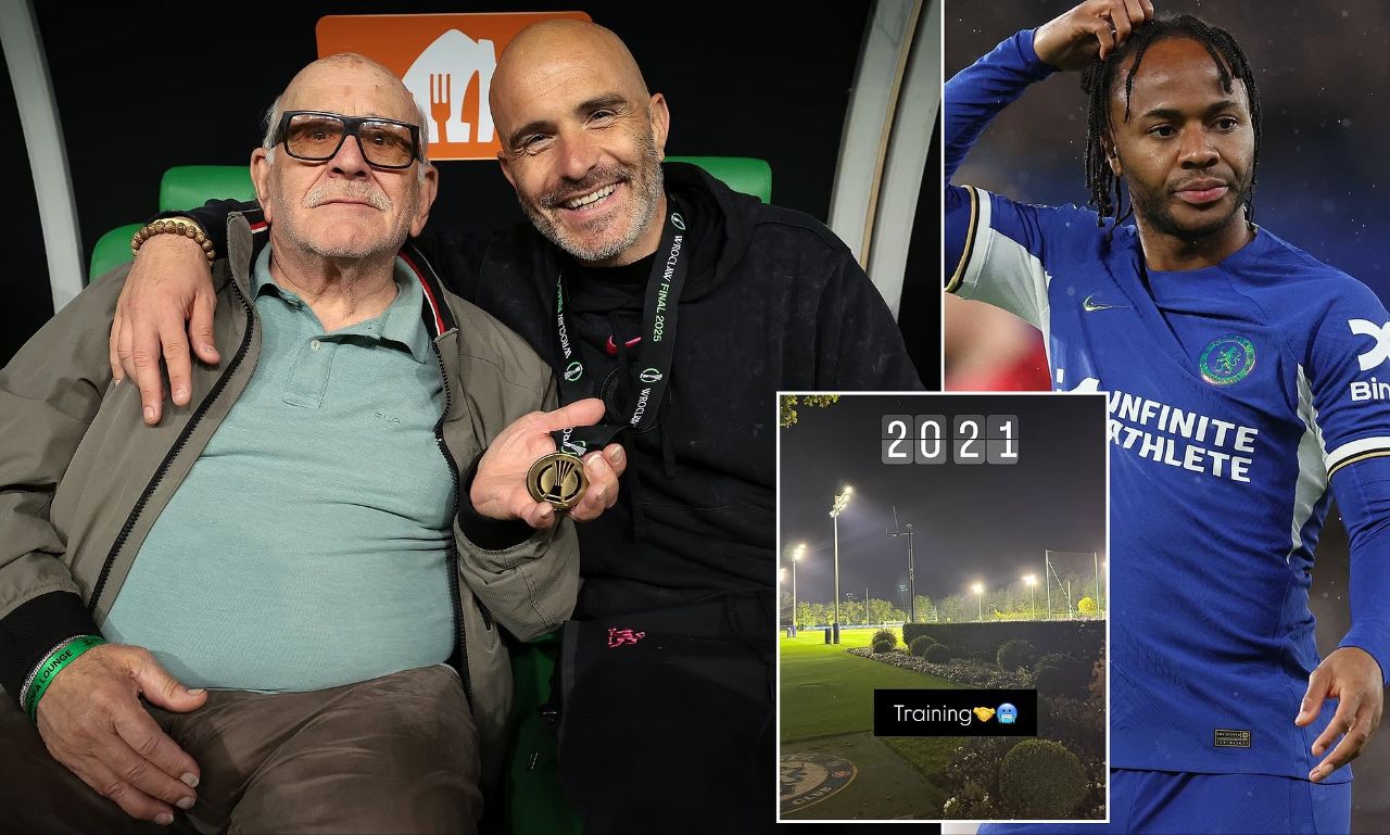 رحیم استرلینگ، مهاجم چلسی - انزو مارسکا، سرمربی چلسی در کنار پدرش