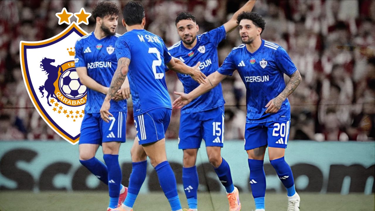 خوشحالی بازیکنان قره‌باغ پس از گلزنی مقابل اتلتیک بیلبائو 