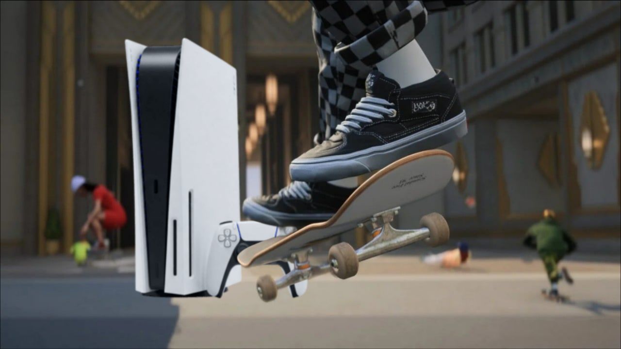 پلی استیشن ۵ در کنار پوستر بازی Skate
