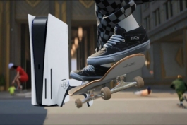 پلی استیشن ۵ در کنار پوستر بازی Skate