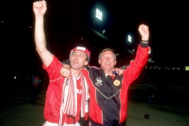 Bryan Robson of Manchester United and Manager Alex Ferguson celebrate after their victory in the FA Cup Final against Crystal Palace 1990