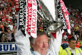 Manchester United Manager Sir Alex Ferguson holds the Barclays Premier League trophy 2008