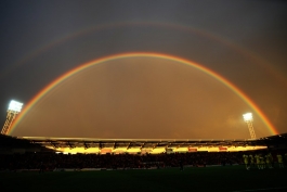 A rainbow splits the sky above Doncaster Rovers’ Keepmoat Stadium