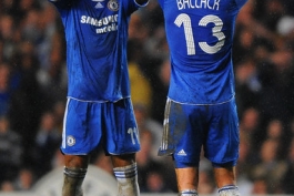Chelsea's Didier Drogba and Michael Ballack celebrate during the 2007-2008 UEFA Champions League soccer match between Chelsea and Liverpool.