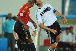Marcos Senna (ESP, left) and Michael Ballack (GER) during the Euro 2008 European Soccer Championships final match between Gemany and Spain at the Ernst Happel stadium in Vienna, Austria