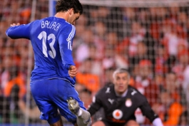 Michael Ballack of Chelsea shooting that leads to Chelsea's first goal during the 2008 UEFA Champions League First Knock-out Round 2nd leg match Chelsea FC & Olympiacos at Stamford Bridge 2008