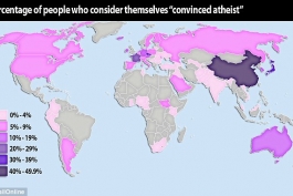 درصد کسانی که خدا را قبول ندارند،در هر کشور (نقشه)