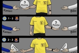 تقسیم امتیازات بازی لستر سیتی با وستهم توسط داور (کاریکاتور)