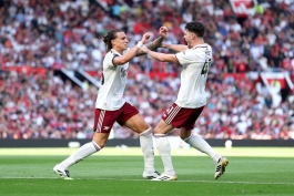 شادی ریکاردو کالافیوری و دکلن رایس در بازی منچستریونایتد-آرسنال