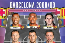 ترکیب رویایی بارسلونا در فصل 09-2008 - لیونل مسی - ژاوی - آندرس اینیستا - سرخیو بوسکتس - ساموئل اتوئو - تیری آنری