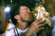 West Germany skipper Lothar Matthaus celebrates winning the World Cup in 1990