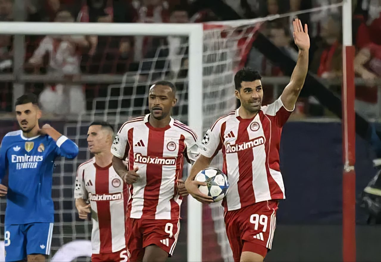 عکس از گلزنی مهدی طارمی مهاجم ایرانی المپیاکوس به رئال مادرید