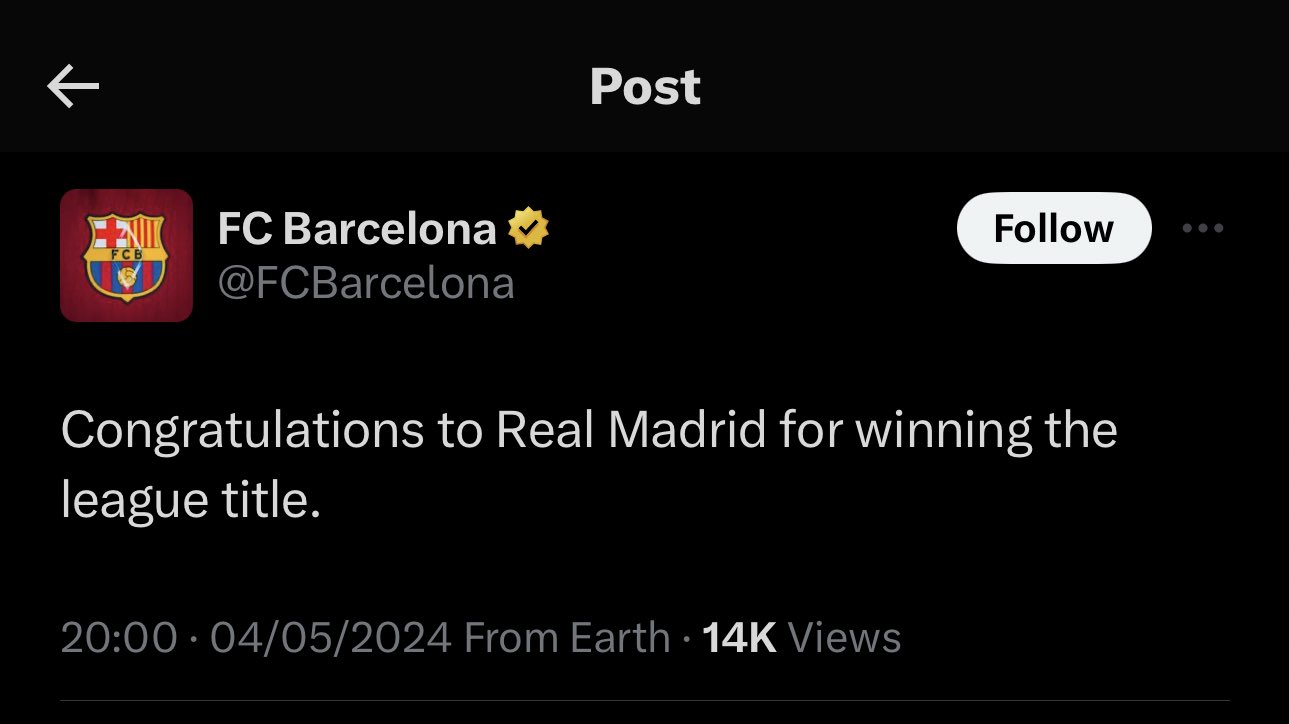 تبریک رسمی بارسلونا به رئال مادرید بابت قهرمانی در لالیگا + عکس
