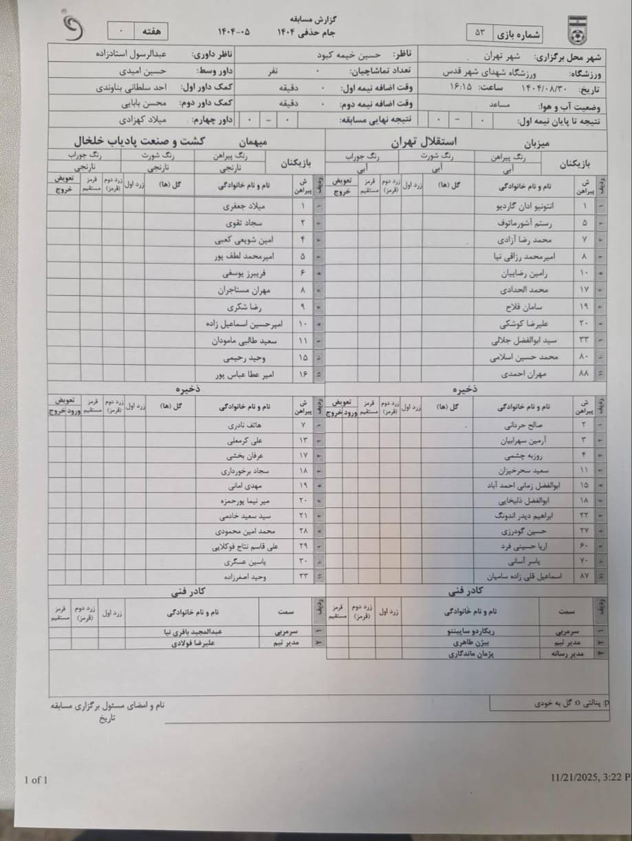 ترکیب دو تیم استقلال و پادیاب خلخال