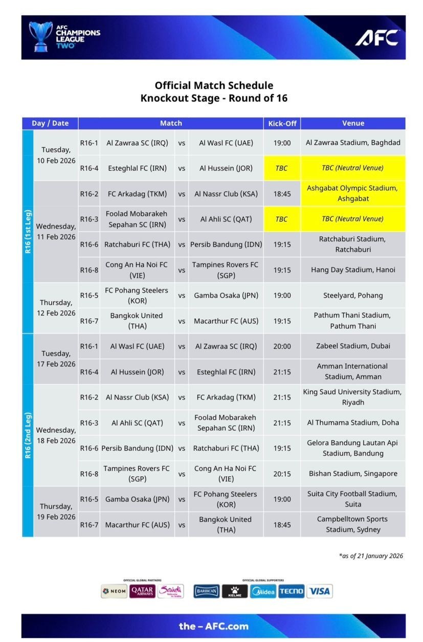 برنامه اعلامی AFC برای لیگ قهرمانان آسیا 2